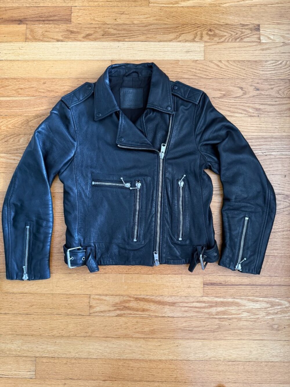 Black All Saints Leather Motorcycle Jacket, sz 6